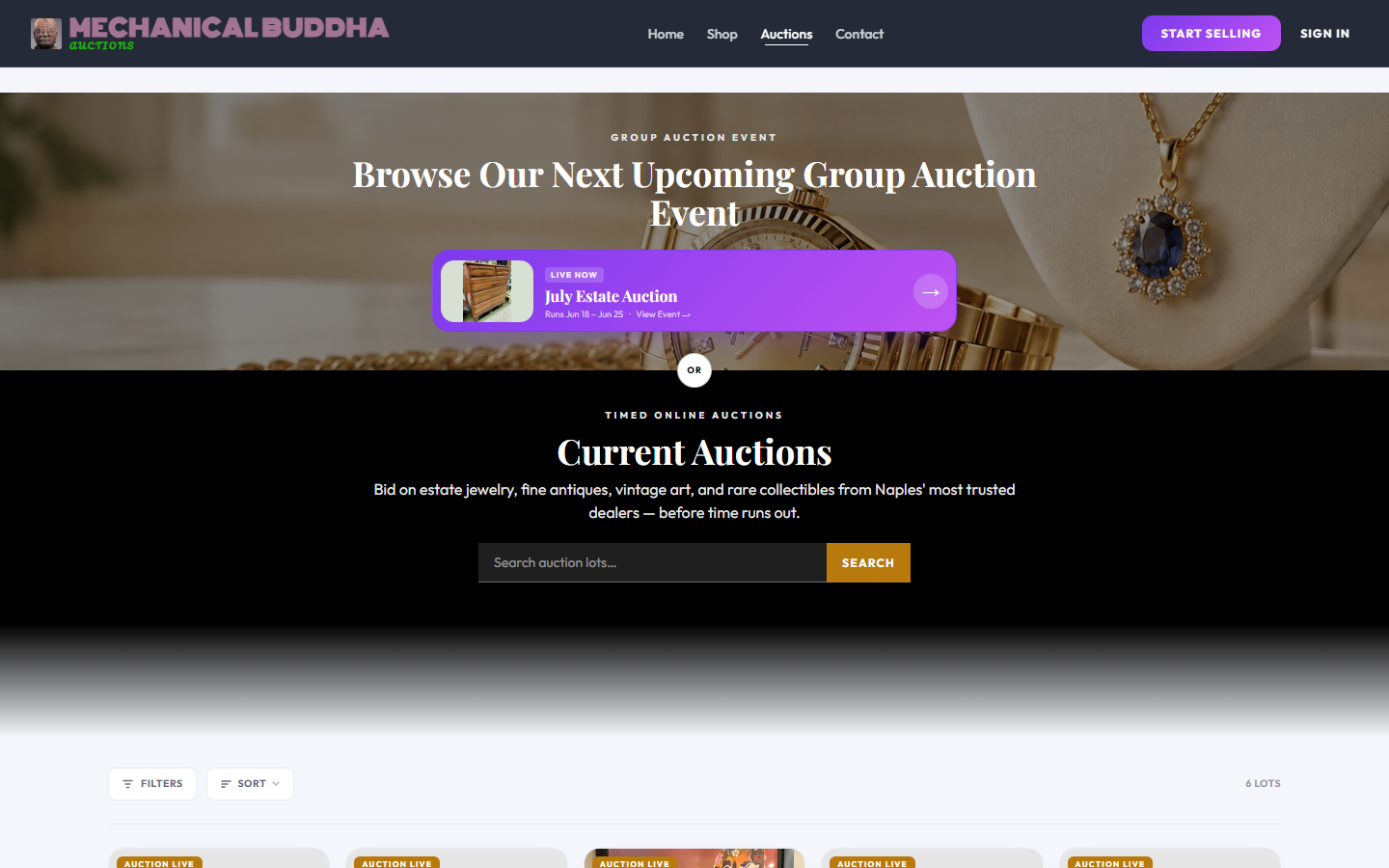 ThirdStreetAuctions.com auctions board with timed auction lots
