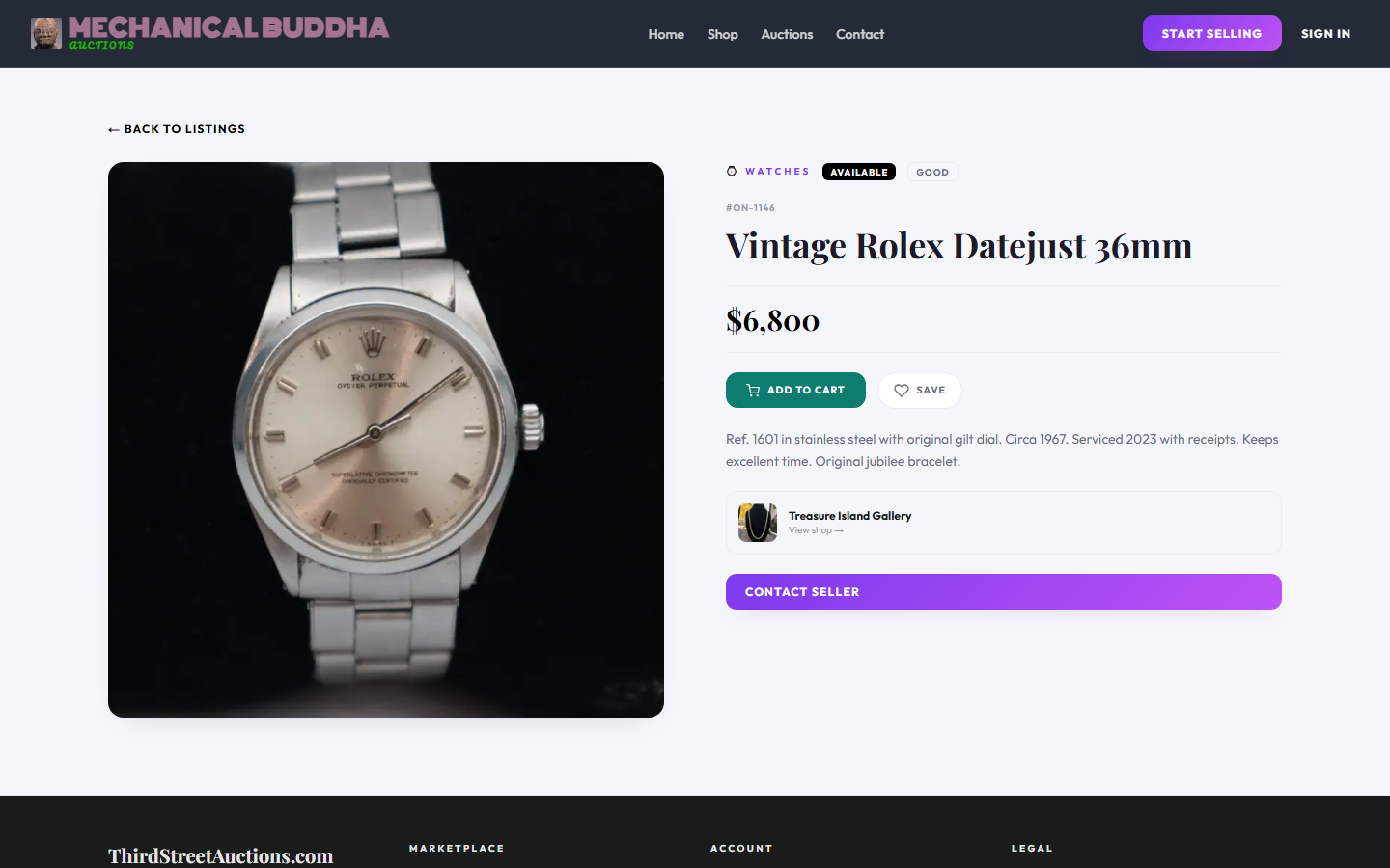 ThirdStreetAuctions.com listing detail page for a vintage Rolex