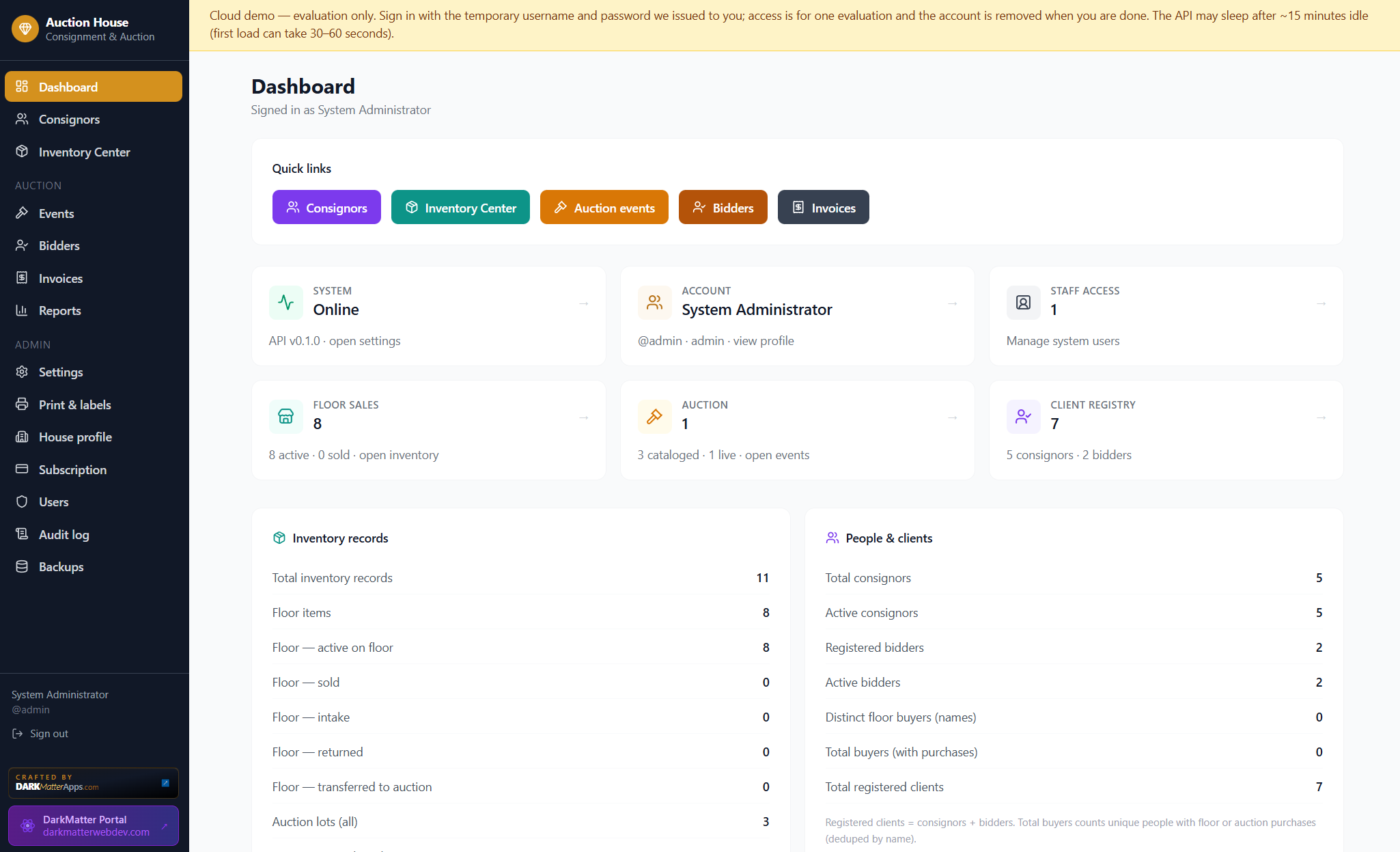 Auction House & Consignment Store Software dashboard