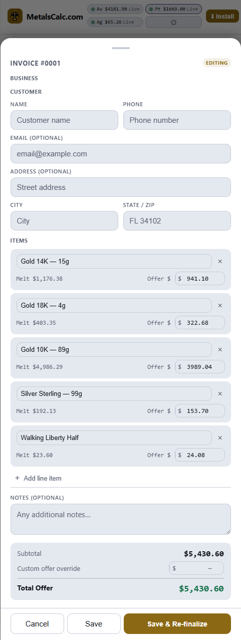 MetalsCalc invoice editor with customer detail fields and editable offer amounts per line item