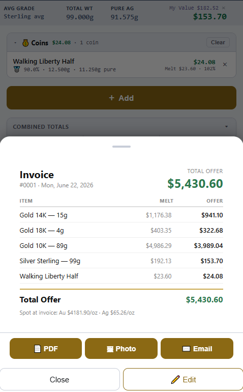 MetalsCalc finalized invoice showing itemized melt and offer values with PDF, photo, and email export buttons