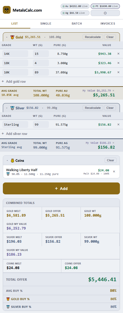MetalsCalc list mode showing gold, silver, and coin items with live spot prices and combined totals