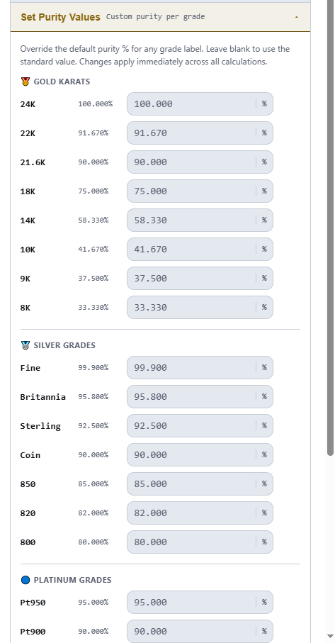 MetalsCalc purity settings panel showing editable purity percentages for gold karats, silver grades, and platinum grades
