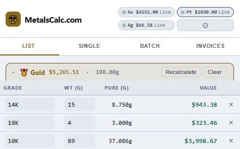 MetalsCalc precious metal buying calculator &mdash; list mode with live spot prices