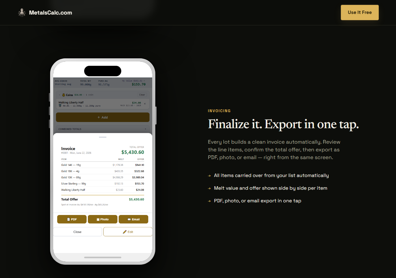 MetalsCalc.com full page scroll showing headline, live prices, feature sections, and PWA install instructions