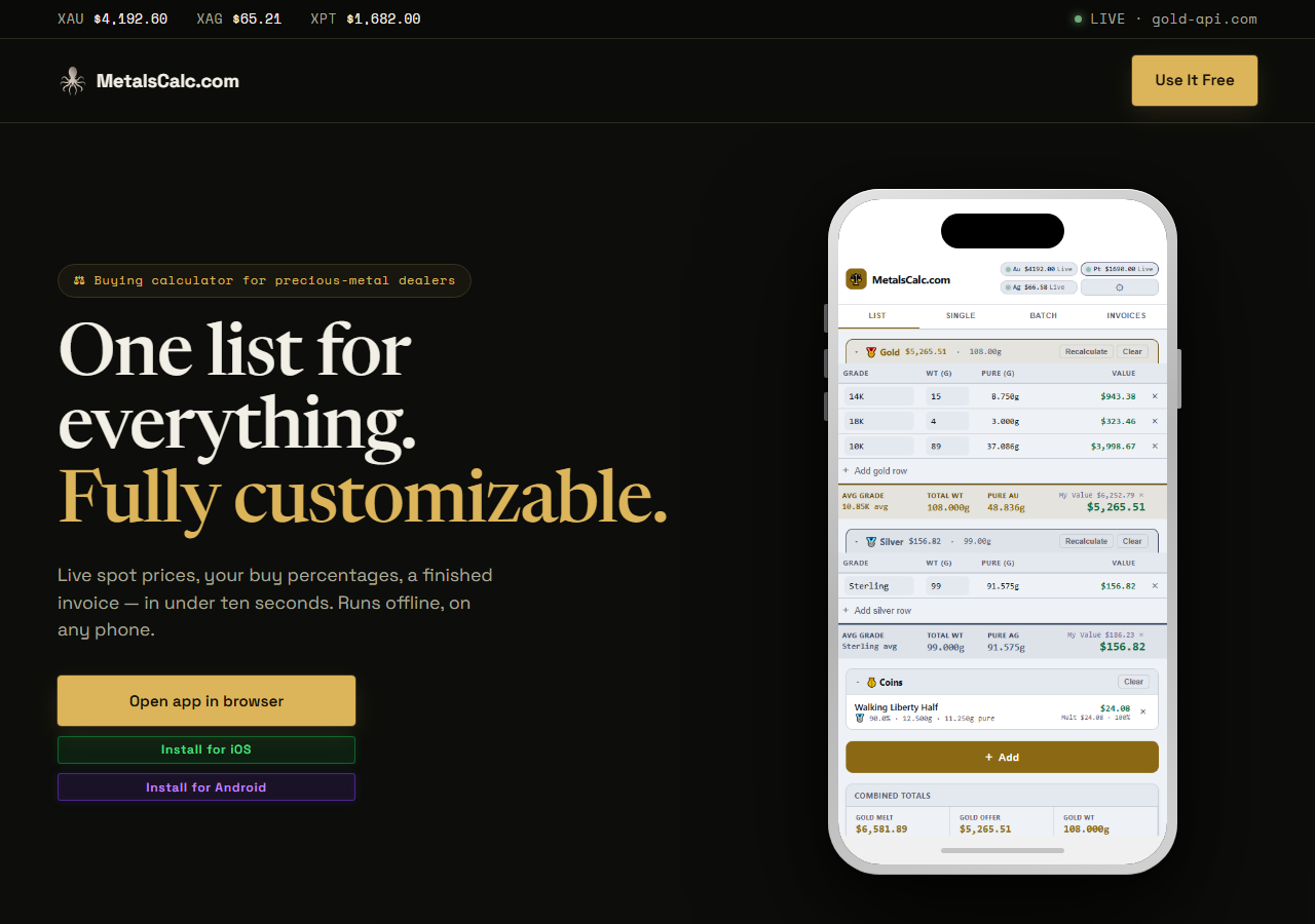 MetalsCalc.com product landing page