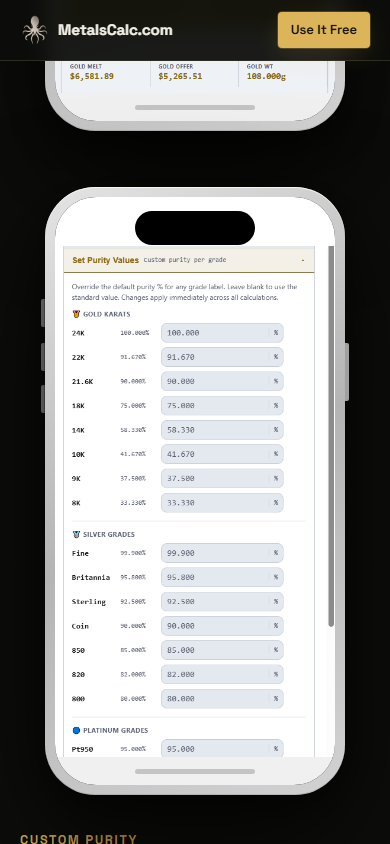 MetalsCalc.com mobile homepage optimized for phone-first install flow