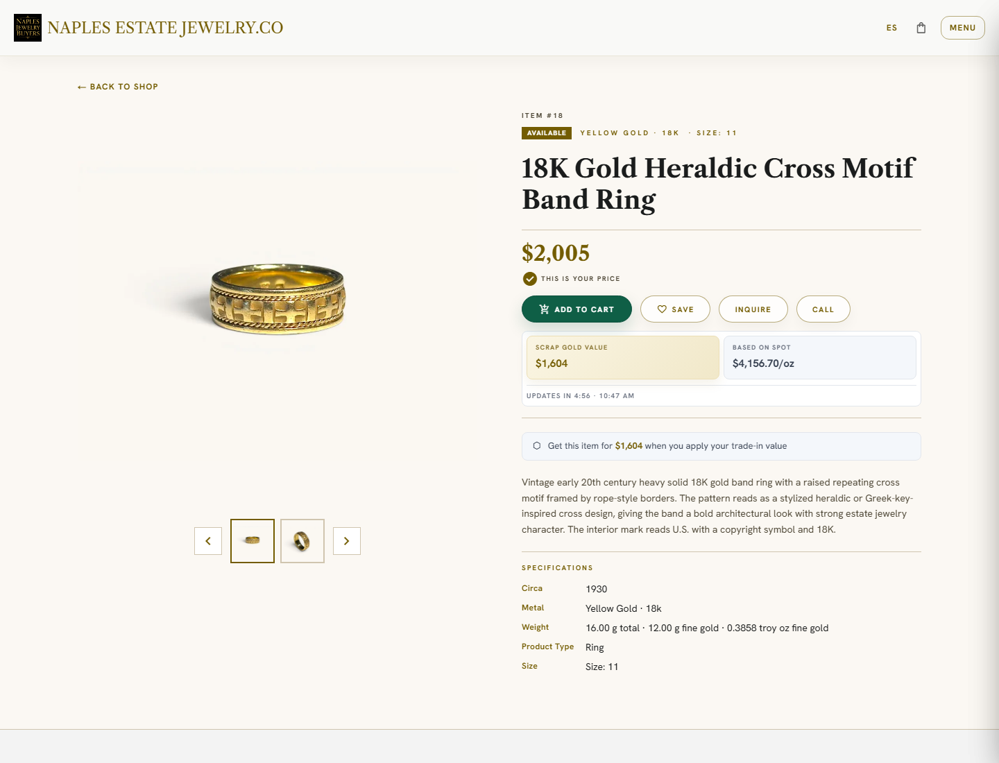 Naples Estate Jewelry product detail page with cart, saved item, inquiry, and scrap value