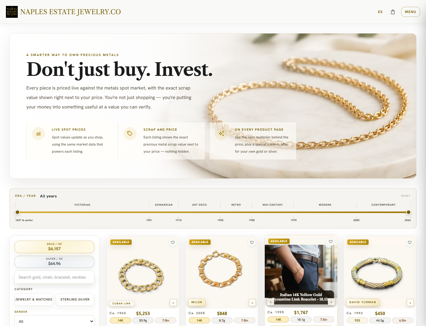 Naples Estate Jewelry live shop catalog with spot pricing and filters